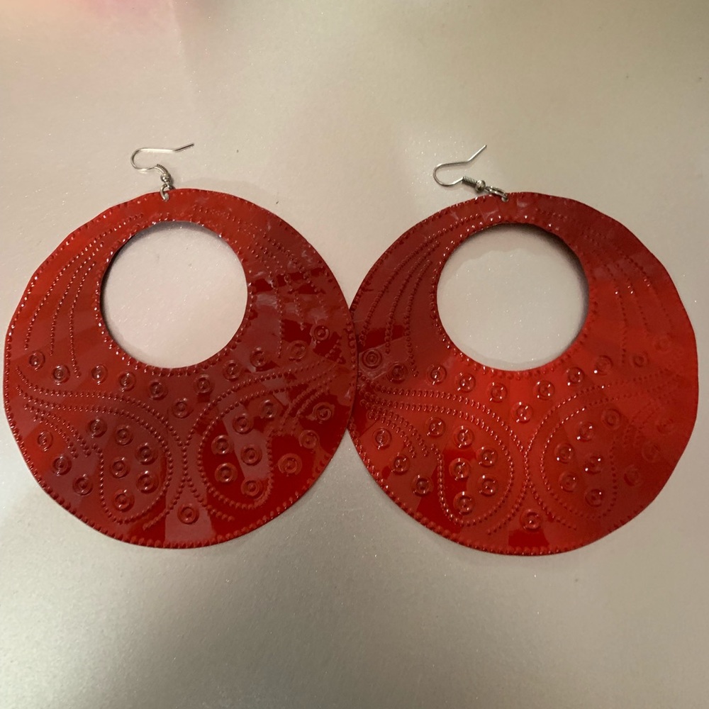 Red tin dangle earrings